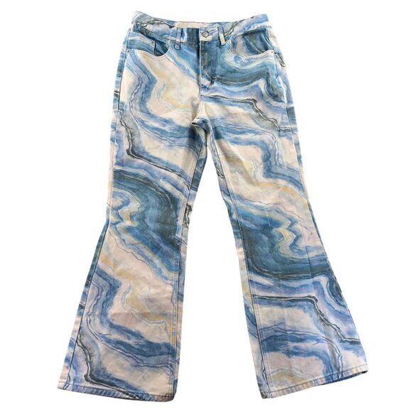 BDG Womens Jeans Size 32 Flare Leg Y2K Blue Marble Print Casual High Rise Hippie - Picture 1 of 16
